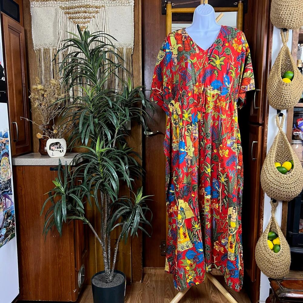 Frida Kahlo Print Kaftan Maxi Dress One Size Red Cotton Resort Caftan Cover Up - Picture 2 of 16